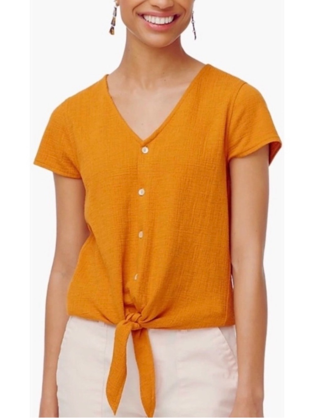 J. Crew Mustard Yellow V-Neck Button Tie-Front Top size XS
